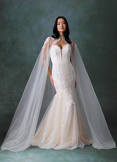 Azazie Chelley At-home Try On Dresses Diamond White Champagne Mermaid Strapless Tulle Dress image8