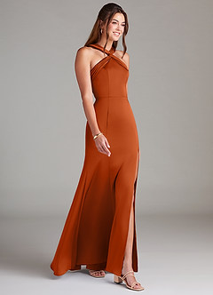 Azazie Rue Vestidos de damas de honor Vestido de Naranja Quemada de Satén Elástico de Corte en A con Plisado image4