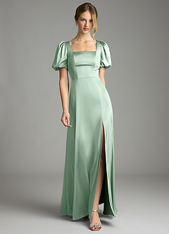 Azazie Fyona Bridesmaid Dresses Agave A-Line Pleated Stretch Satin Dress image1