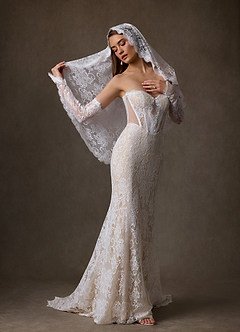 Azazie Issa Wedding Dresses Diamond White Champagne Sheath Strapless Lace Dress image5