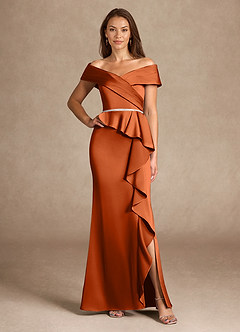 Azazie Dareia Mother of the Bride Dresses Burnt Orange Mermaid Off the Shoulder Stretch Satin Dress image1