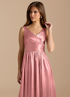 Azazie Keyla At-home Try On Dresses Auburn A-Line Pleated Metallic Satin Dress image8
