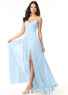 Azazie Vini Vestidos de damas de honor Vestido de Azul Cielo de Gasa de Corte en A con Cuello en V Plisado image3