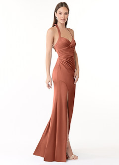 Azazie Emeria Bridesmaid Dresses Clay Mermaid Pleated Stretch Satin Dress image4