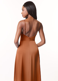 Azazie Brielle Bridesmaid Dresses Copper A-Line Cowl Spaghetti Straps Stretch Satin Dress image5