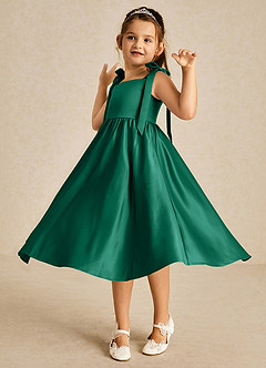 Azazie Chelsie Flower Girl Dresses Emerald A-Line Bow Matte Satin Dress image3