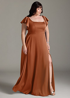 Azazie Bondi Bridesmaid Dresses Copper A-Line Bow Stretch Satin Dress image10