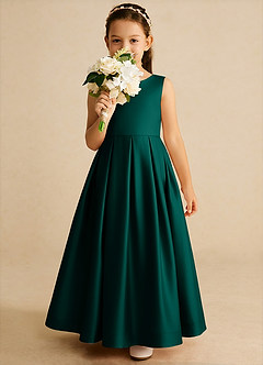 Azazie Cailee Flower Girl Dresses Pine Ball-Gown Pleated Matte Satin Dress image3