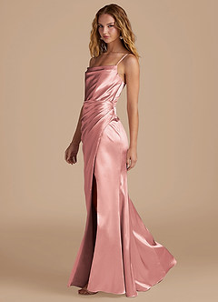 Azazie Marzia At-home Try On Dresses Auburn Mermaid Pleated Metallic Satin Dress image2