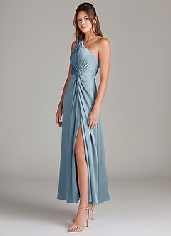 Azazie Brooke 신부 들러리 드레스 A라인 한쪽 어깨 스트레치 새틴 발목 길이 드레스 image5