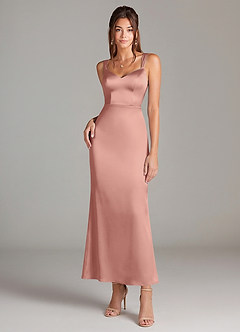 Azazie Denice 신부 들러리 드레스 쉬스 주름진 스트레치 새틴 발목 길이 드레스 image3