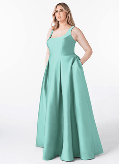 Azazie Neve Bridesmaid Dresses Aqua Ball-Gown with Pockets Stretch Satin Dress image7