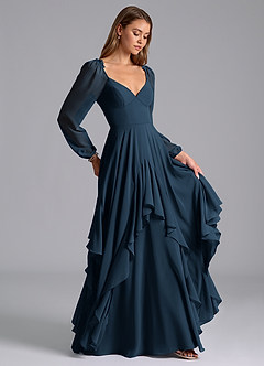 Azazie Karan Abiti da Damigella Abito A-Line in Chiffon Maniche Lunghe Marino Scuro image4