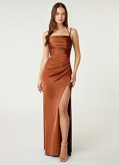 Azazie Desi Bridesmaid Dresses Copper Sheath Halter Corset Stretch Satin Dress image1