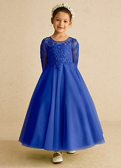 Azazie Precious Flower Girl Dresses Royal Blue A-Line Lace Tulle Dress image4