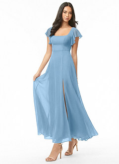 Azazie Bondi Bridesmaid Dresses Steel Blue A-Line Ruched Chiffon Dress image3