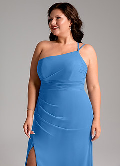 Azazie Eren Robes de demoiselle d'honneur Robe Fourreau en Mousseline de soie Ue épaule Geai Bleu image13
