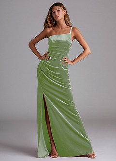 Azazie Eren Bridesmaid Dresses Dusty Sage Sheath One Shoulder Velvet Dress image4