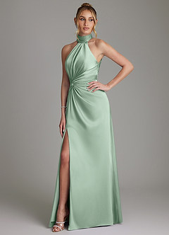 Azazie Gracelynn Vestidos de damas de honor Vestido de Agave de Satén Elástico de Corte Recto con Plisado image6