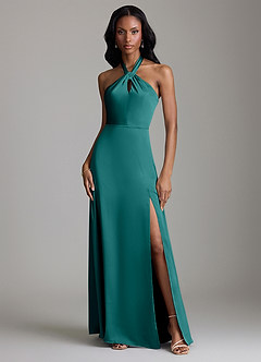 Azazie Tracie Bridesmaid Dresses Peacock A-Line Side Slit Stretch Satin Dress image1
