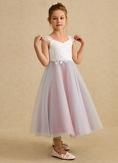 Azazie Momo Flower Girl Dresses Ivory Coral A-Line Lace Dress image5