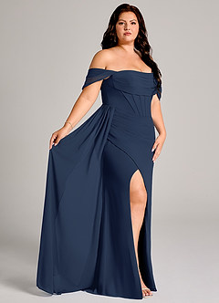 Azazie Amyra Jurken voor bruidsmeisjes Converteerbaar Jurk van Chiffon met Kolom Off the Shoulder Donkere Marine image12