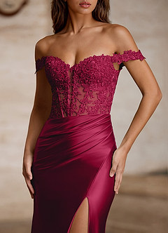 Linange Burgundy Embroidered Appliqué Satin Prom Dress image5