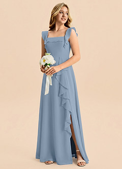 Azazie Nori Junior Dusty Blue A-Line Ruched Chiffon Dress image4
