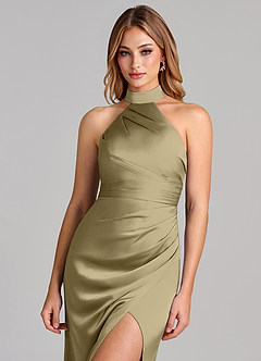 Azazie Karlotta Bridesmaid Dresses Moss Green Sheath Pleated Stretch Satin Dress image6