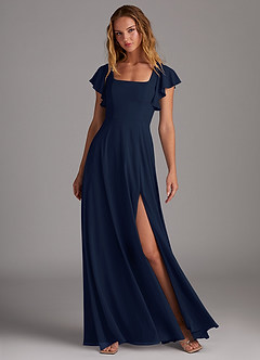 Azazie Bondi Vestidos de damas de honor Vestido de Azul Marino Oscuro de Chifón elástico de Corte en A con Corte Lateral image3