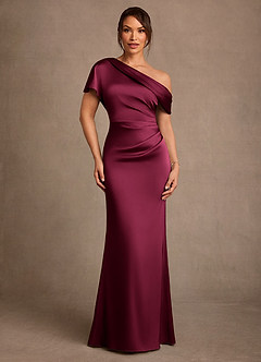 Azazie Rutha Mother of the Bride Dresses Burgundy Sheath One Shoulder Stretch Satin Dress image1