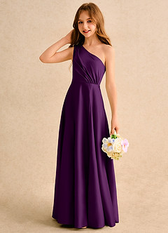 Azazie Puddles Girls Formal Flower Girl Dresses Grape A-Line One Shoulder Matte Satin Dress image6