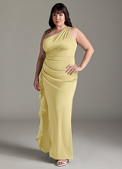 Azazie Latrice Bridesmaid Dresses Lemon Sorbet Sheath One Shoulder Cascading Ruffles Stretch Satin Dress image8