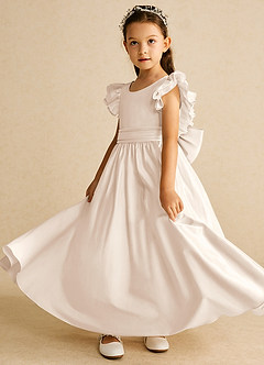 Azazie Piglette Flower Girl Dresses White Alabaster A-Line Bow Matte Satin Dress image2