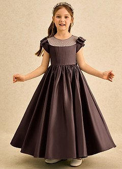 Azazie Toffee Abiti da Ragazza di Fiori Abito Stile Principessa in Raso Opaco Fiocco Ganache image3