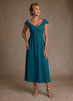 Azazie Mirta Mère de la mariée Robes Robe Trapèze en Blumen-Burnout Plissée Bleu Encre image1