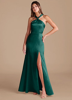 Azazie Rue Bridesmaid Dresses Pine Sheath Pleated Metallic Satin Dress image3