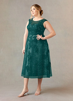 Azazie Flynn Mère de la mariée Robes Robe Trapèze en Tulle Col bateau dentelle Paon image8