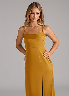 Azazie Callan Brautjungfernkleider Wandelbar A-Linie Plissee Stretch-Satin Kleid Butterscotch image7