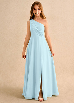 Azazie Puddles Girls Formal Robe Demoiselle D'honneur Fillette Robe Trapèze en Mousseline de soie Asymétrique Bleu Nuage image6