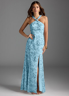 Azazie Rue Bridesmaid Dresses Blue Fern Floral A-Line Halter Chiffon Dress image2