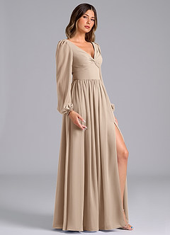 Azazie Teri Bridesmaid Dresses Taupe A-Line Long Sleeve Chiffon Dress image3