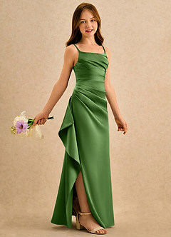 Azazie Cannoli Girls Formal Robe Demoiselle D'honneur Fillette Robe Trapèze en Mat Satiné Plissée Basilic image1