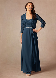 Azazie Ainsling Mother of the Bride Dresses Dark Navy A-Line Square Neckline Lace Chiffon Dress image8