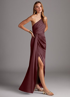 Azazie Mika Bridesmaid Dresses Sangria Sheath One Shoulder Stretch Satin Dress image4