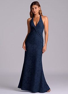 Azazie Valerie Brudtärnklänningar Klä av Sjöjungfru i Blommig Utbrändhet Plisserad Mörk Marinblå image3