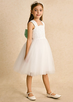 Azazie Dimple Abiti da Ragazza di Fiori Abito Principessa in Tulle Pizzo Avorio Salvia Polverosa image3