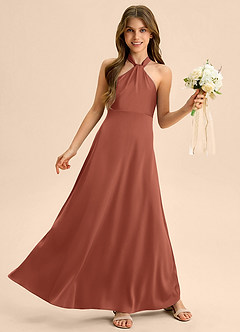 Azazie Beah Junior Jurk van Stretch Satijn met A-Lijn Geplooid Kastanjebruin image5