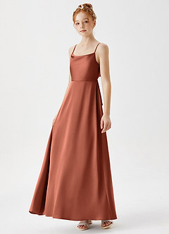 Azazie Shale Junior Clay A-Line Stretch Satin Dress image2