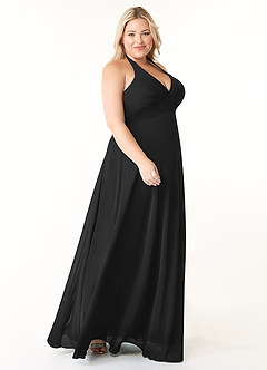 Azazie Tessie Robes de demoiselle d'honneur Robe Trapèze en Mousseline de soie Col V plissé Noir image8